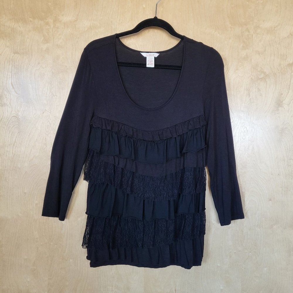Sundance Boho Ruffle Long Sleeve Top Black Size Large